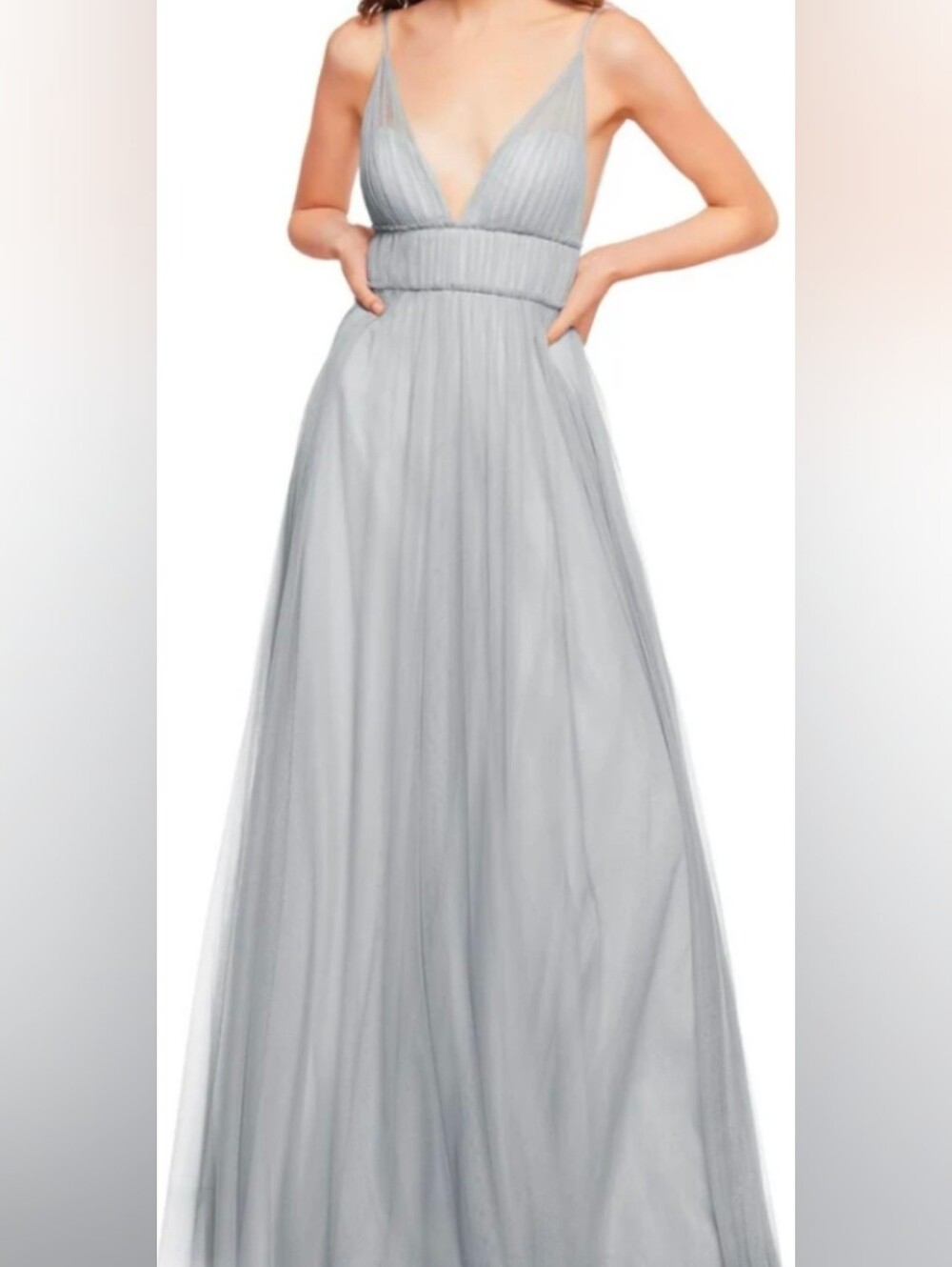 Wtoo Callie Silver-blush V-Neck Tulle Maxi Gown Size 12 Nwt